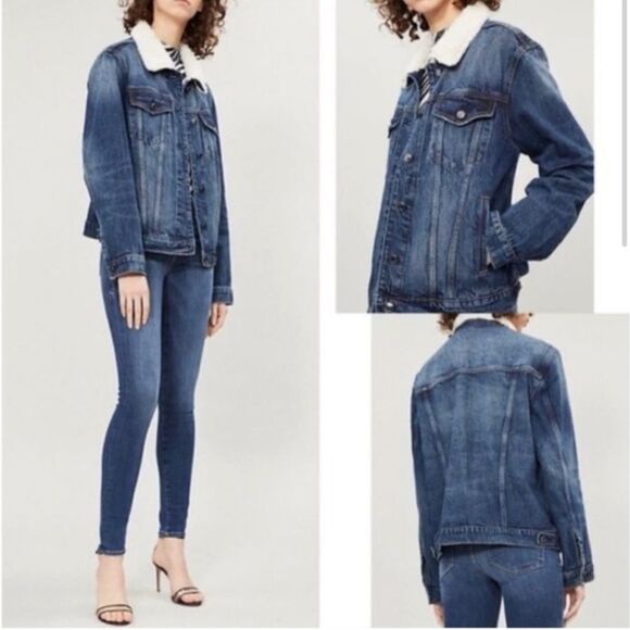 Good American Trucker Boyfriend Denim Sherpa Button Down Jacket size 2/3 M/L - Picture 1 of 10